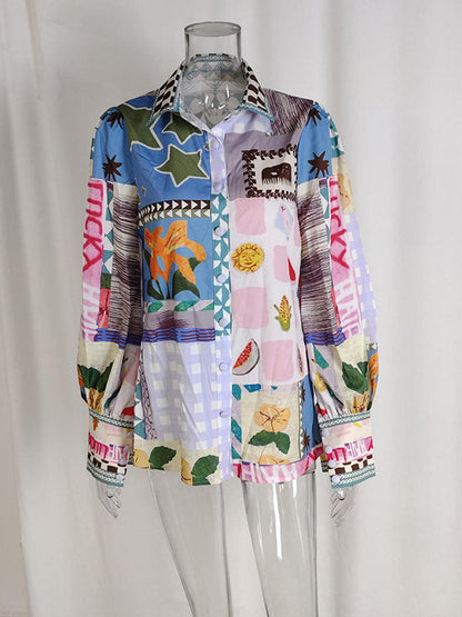 Loose Flower Painted Buttoned Puff Sleeves Lapel Collar Blouses