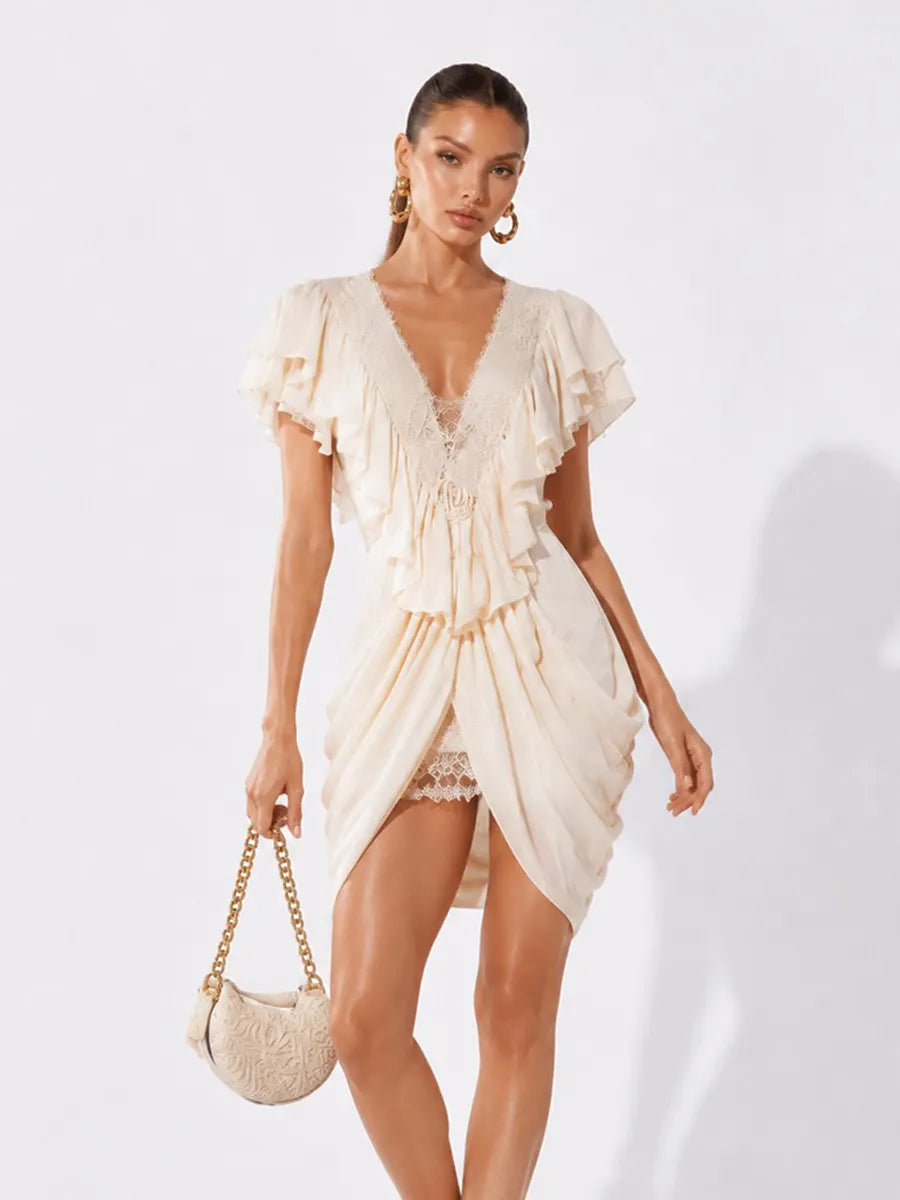 Penelope Lace V-Neck Ruched Mini Dress