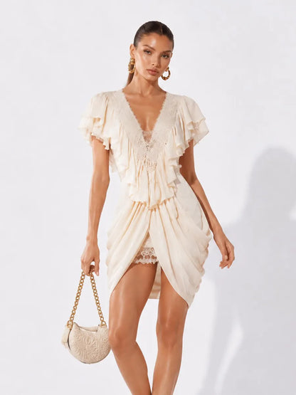 Penelope Lace V-Neck Ruched Mini Dress