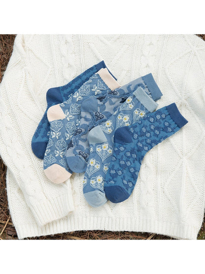 Rufia - Retro Blue Floral Mid-Calf Socks - Classic &amp; Elegant