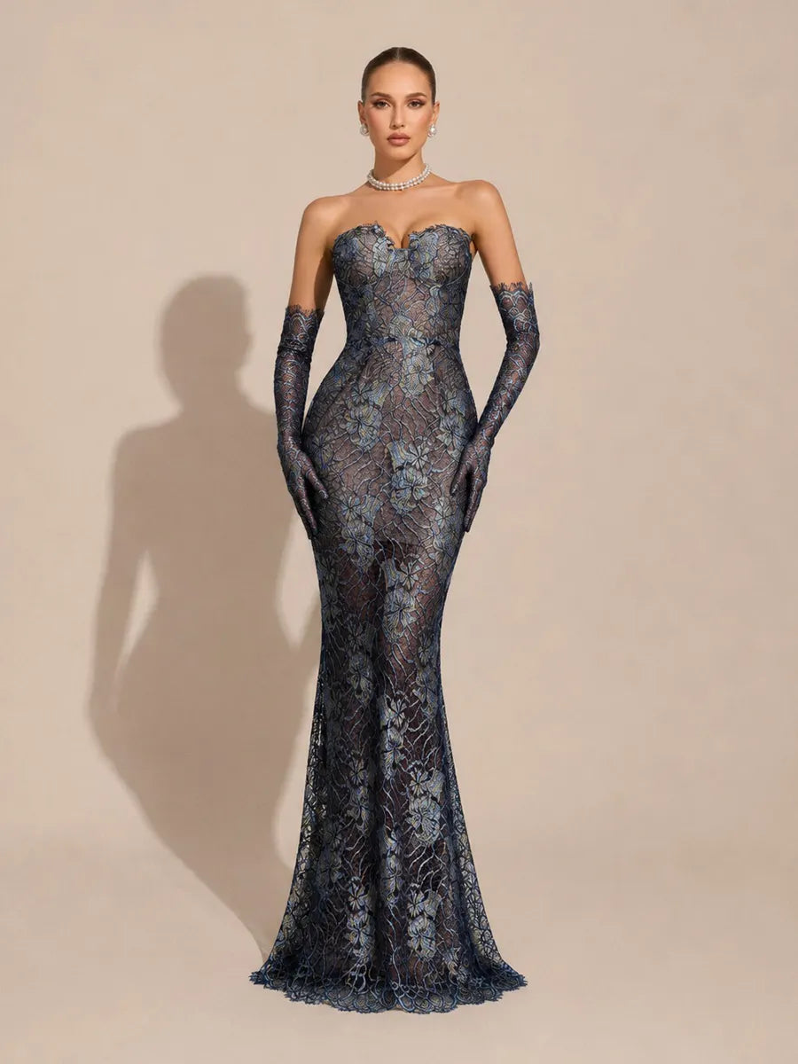 Zinnia Elegant Flowy Strapless Lace Floral Maxi Dress