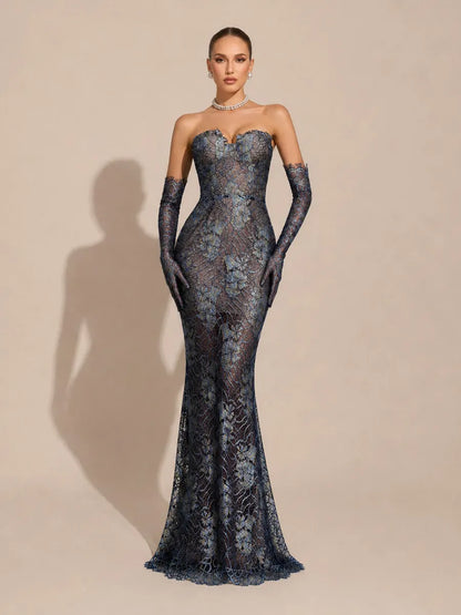 Zinnia Elegant Flowy Strapless Lace Floral Maxi Dress