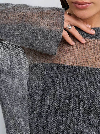 Long Sleeves Loose See-Through Solid Color Round-Neck Sweater Tops