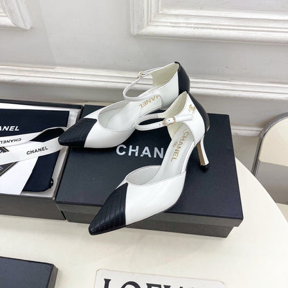 CC 26 SS Double C Slingback 7.5cm Black White Calfskin 586935