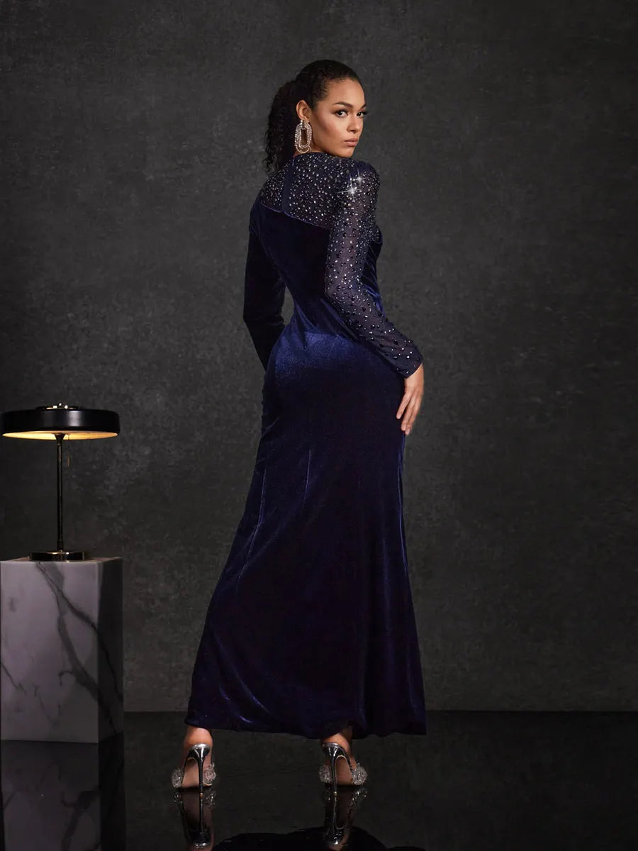 Analia Velvet Mesh Diamond Maxi Dress