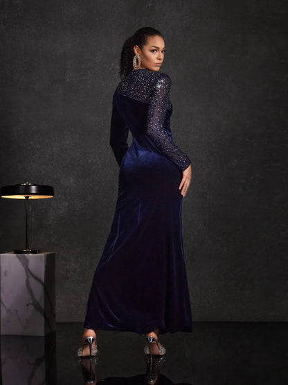 Analia Velvet Mesh Diamond Maxi Dress