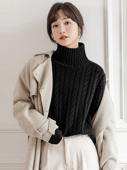 Casual Long Sleeves Loose Solid Color High-Neck Sweater Tops