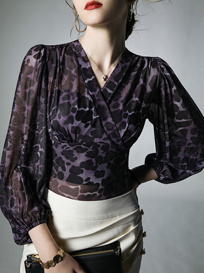Long Sleeves Plus Size Leopard V-Neck T-Shirts Tops