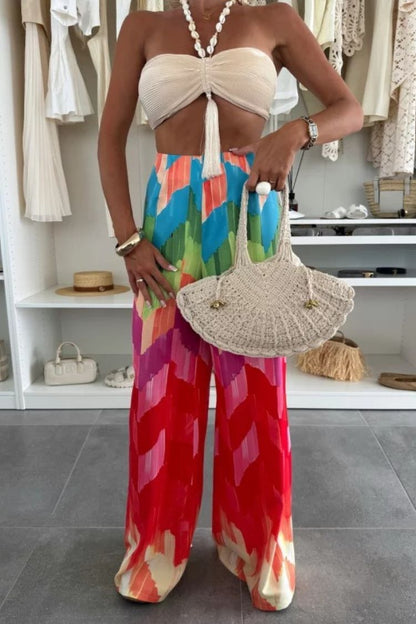 Welcome To Summer Shell Tassel Halter Stretch Bra and Colorful High Rise Wide Leg Pants Set