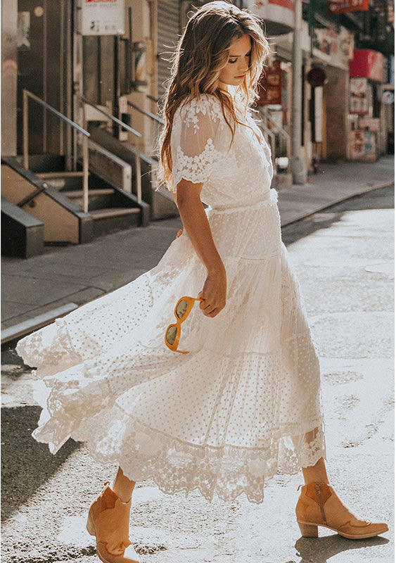 V-Neck Short Sleeve Lace Dress
