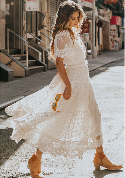 V-Neck Short Sleeve Lace Dress