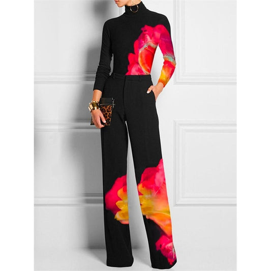 Long Sleeves Skinny Contrast Color Printed High Neck T-shirts