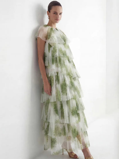 Emilia Green Leaf Print Tiered Tulle Maxi Dress