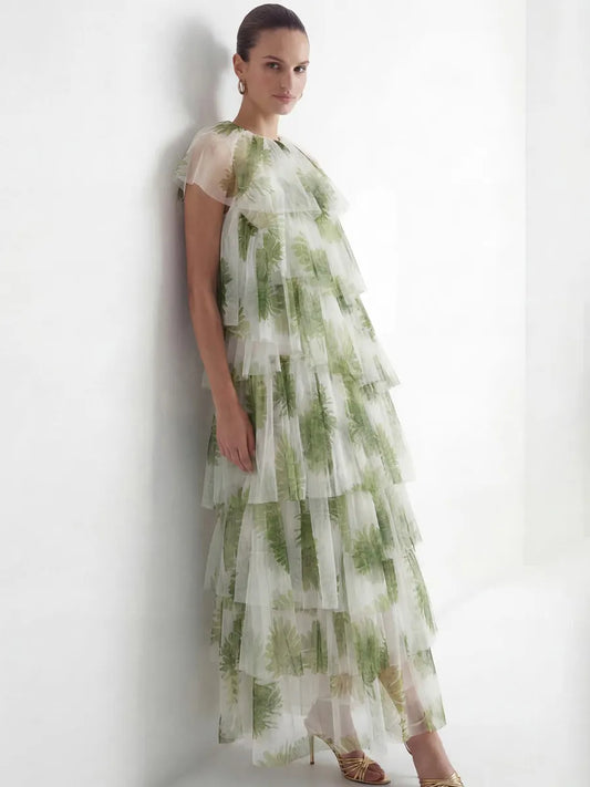 Emilia Green Leaf Print Tiered Tulle Maxi Dress