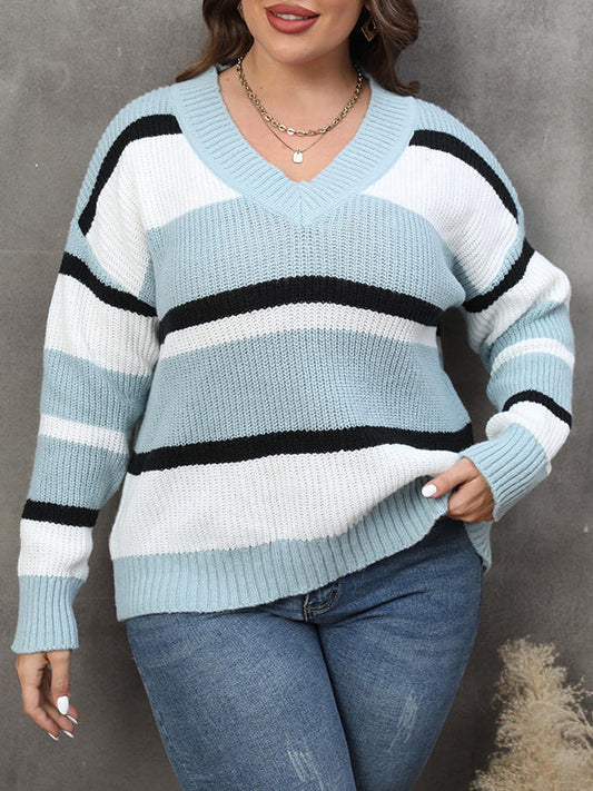 Long Sleeves Loose Contrast Color Striped V-Neck Pullovers Sweater Tops