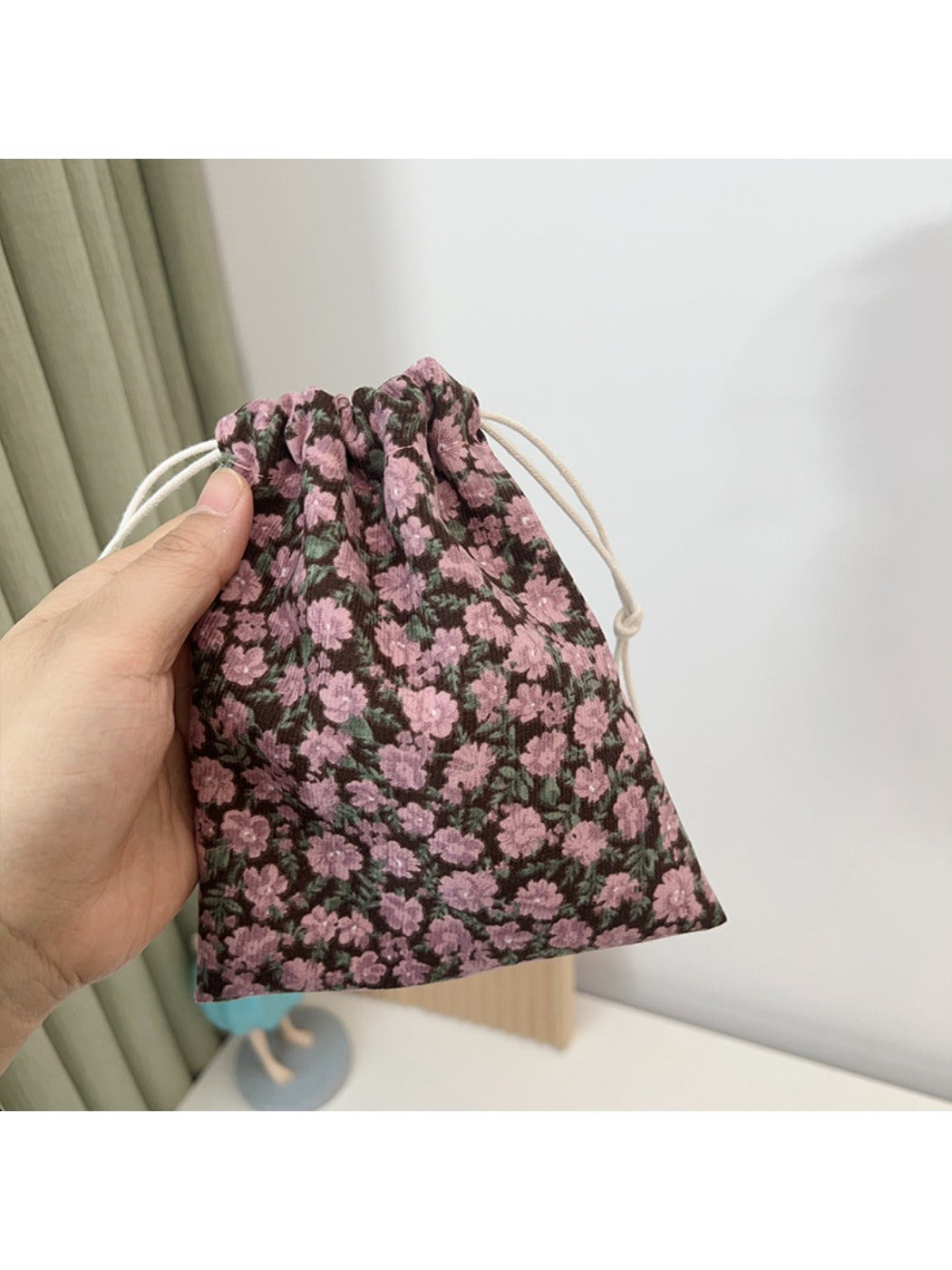 Cosbai - Corduroy Drawstring Pouch &amp; Coin Purse with Floral Patterns