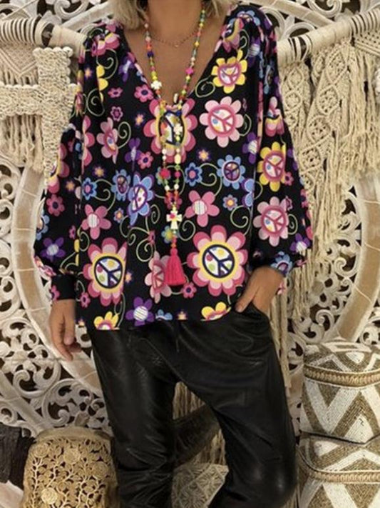 Women'S Shirts Print Loose Long Sleeve V-Neck Tops