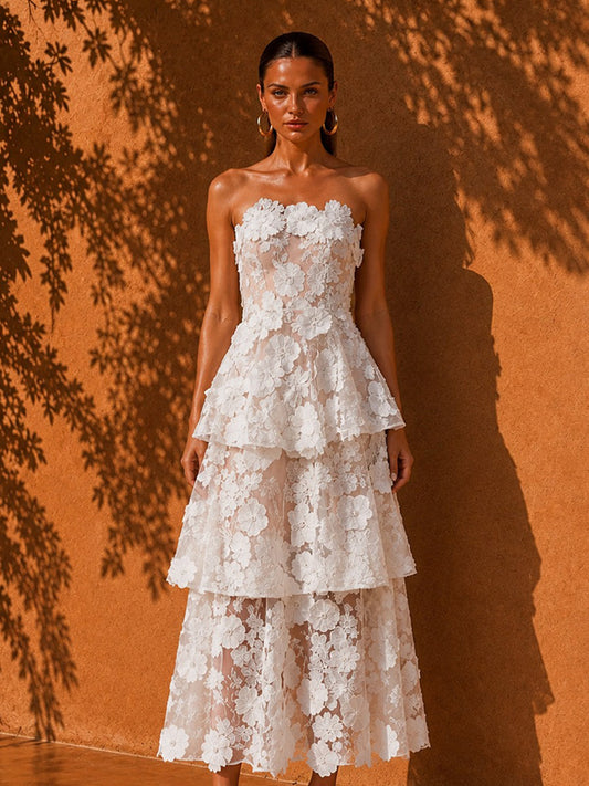 Savannah Multi-layered Midi Dress with Embroidered Flowers