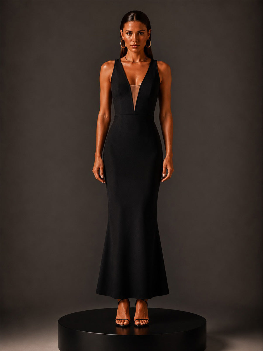 Lena Back Crystal Fringe Bandage Maxi Dress