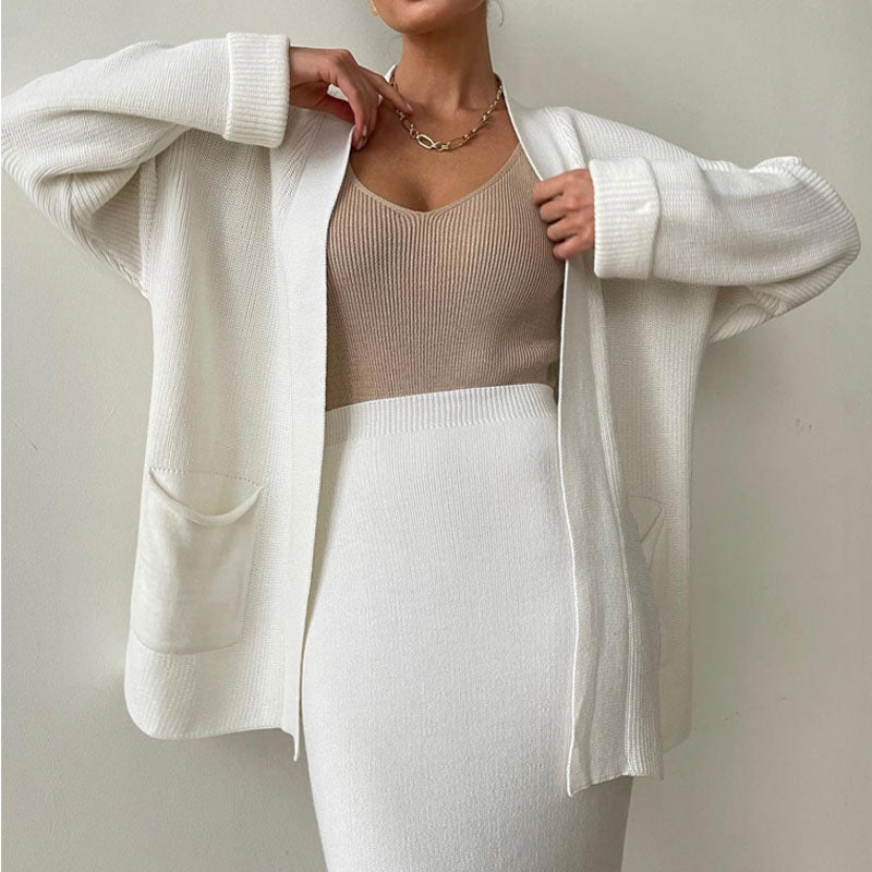 2 Pcs Solid Color Cardigan Sweater Skirt Set