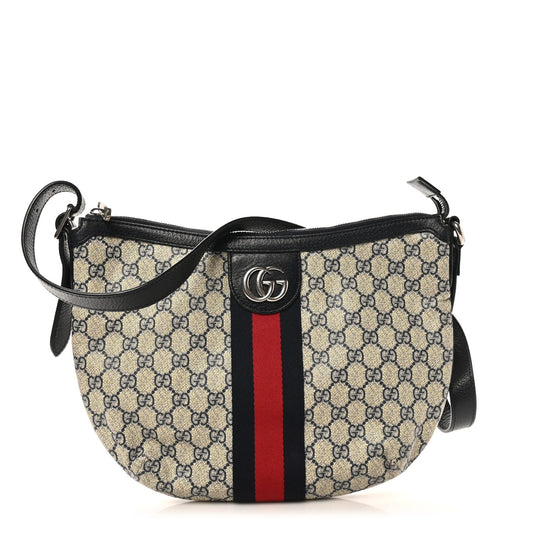GG Supreme Monogram Textured Dollar Calfskin Web Small Ophidia Half Moon Hobo Beige Blue