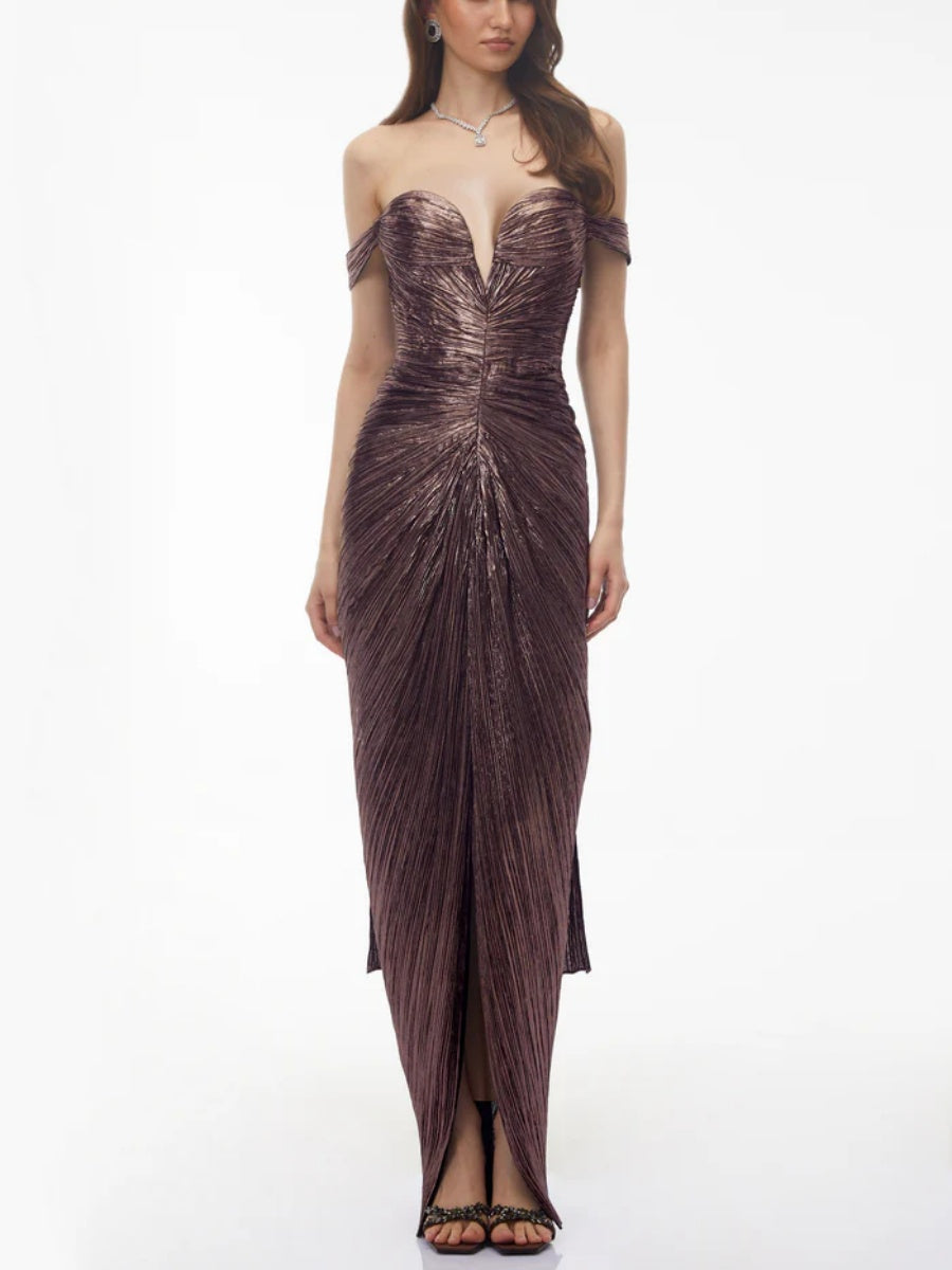 Chloe Metallic Pleated Off-the-Shoulder Maxi Dress