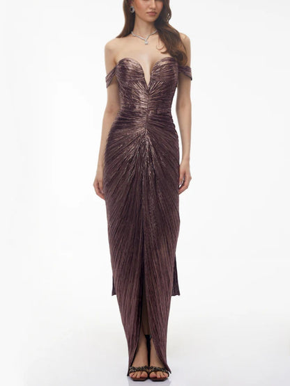 Chloe Metallic Pleated Off-the-Shoulder Maxi Dress