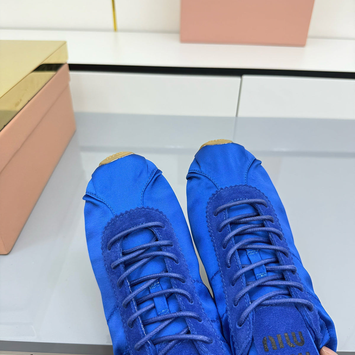 Miu Plume Sneakers Blue Satin 565675
