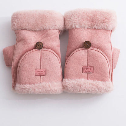 Winter Suede Convertible Thermal Fingerless Mittens Gloves