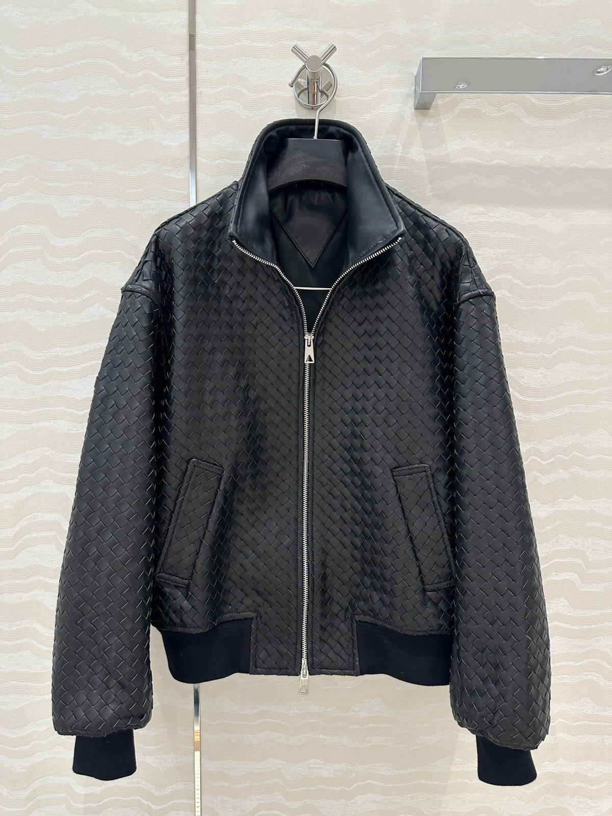 BV Double-Zip Baseball Jacket in Black Lambskin