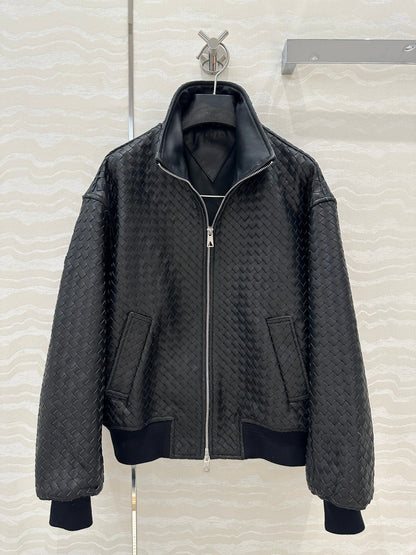 BV Double-Zip Baseball Jacket in Black Lambskin