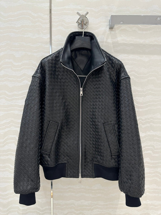 BV Double-Zip Baseball Jacket in Black Lambskin