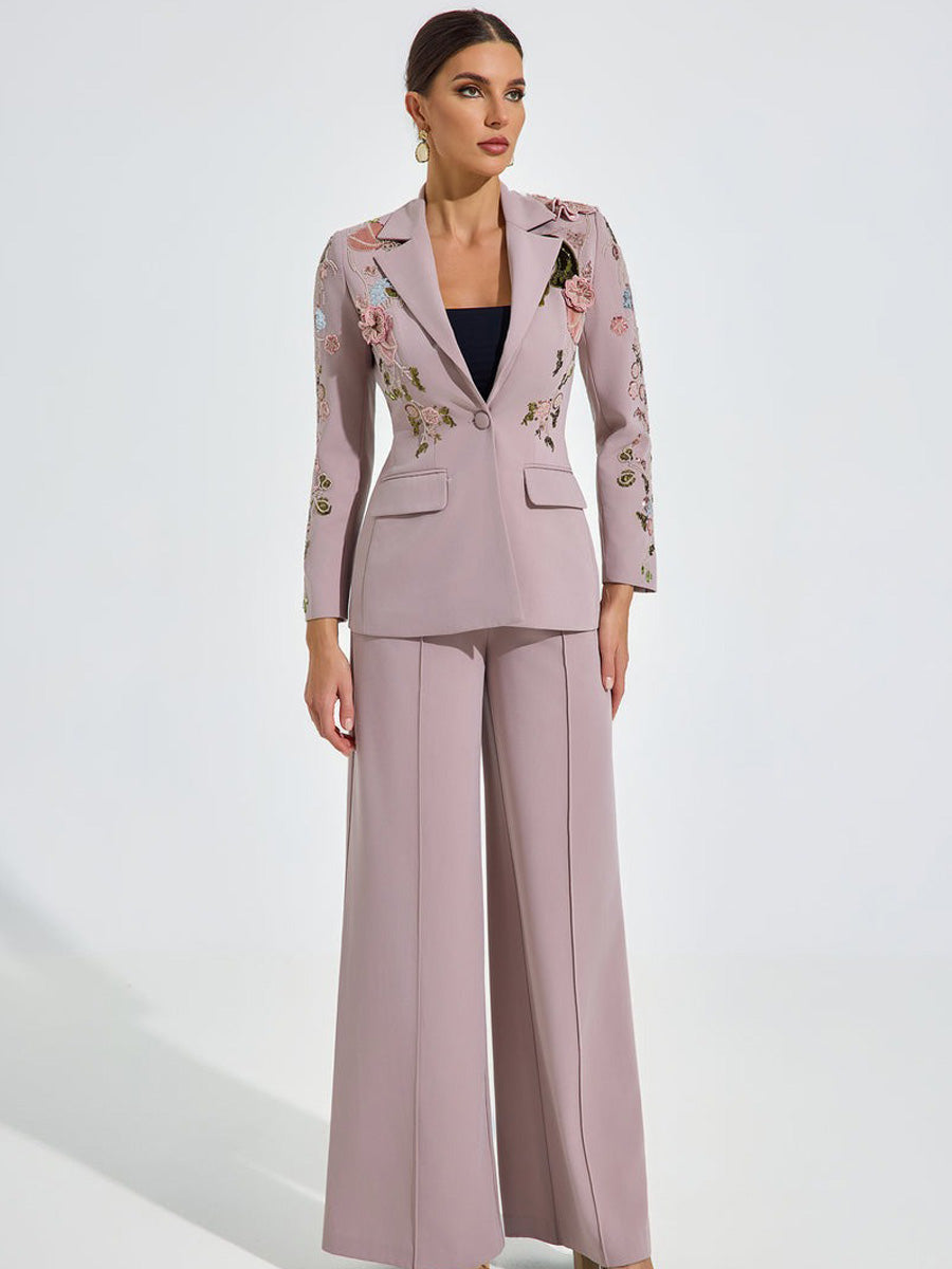Amelia Embroidered Blush Pantsuit Set