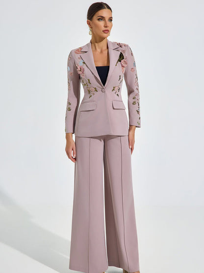 Amelia Embroidered Blush Pantsuit Set