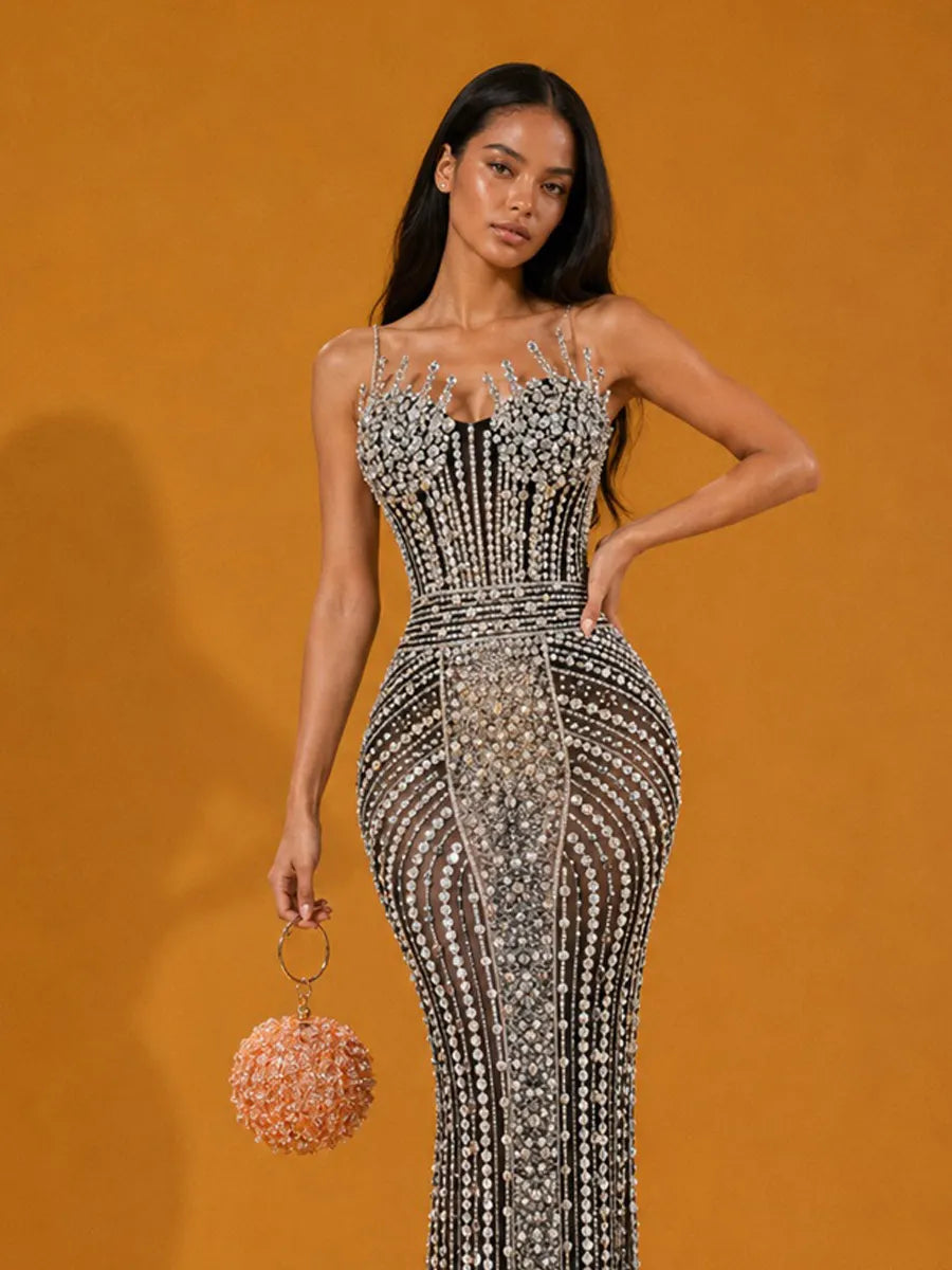 Jocelyn Elegant Strapless Sparkling Silver Rhinestones Maxi Dress In Black