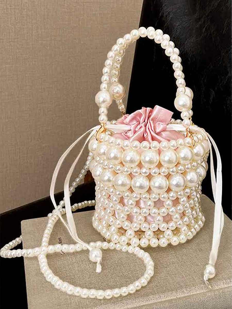 Clarissa Faux Pearl Drawstring Bucket Bag