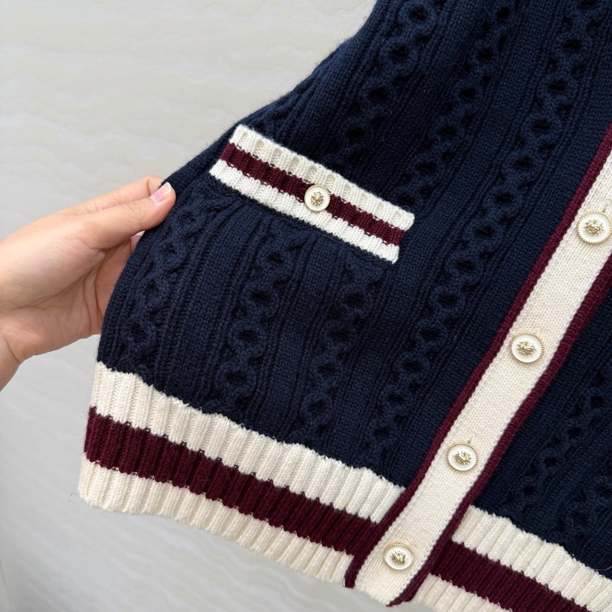 CC Spring 26 Cardigan White Brown Dark Blue Wool 342792