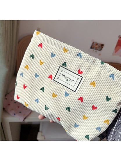 Cosbai - Corduroy Zippered Makeup Pouch with Heart-shaped Patterns