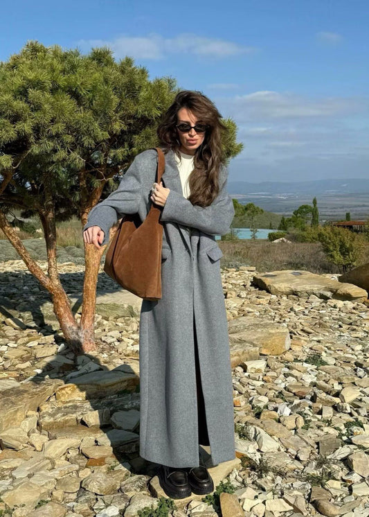 Double Breasted Long Wool Blend Coat Gray
