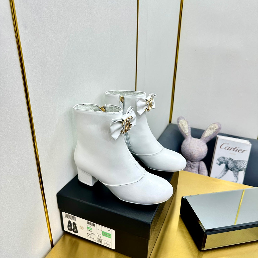 CC Bow-Adorned Rhinestone Boots White Cowhide 564596