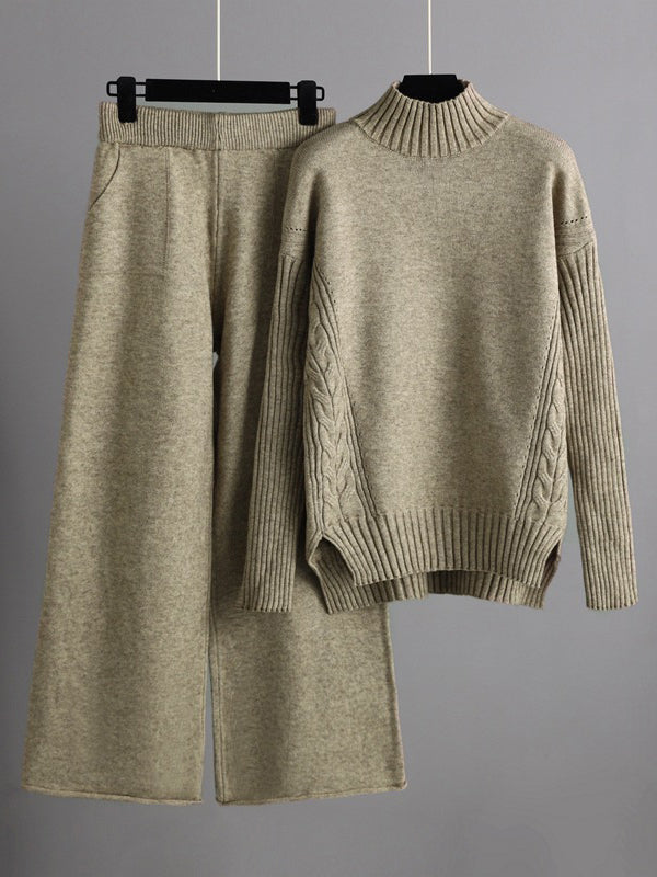 Urban High-Low Wide Leg Split-Side Solid Color Half Turtleneck Sweater Tops Pants Two Pieces Set