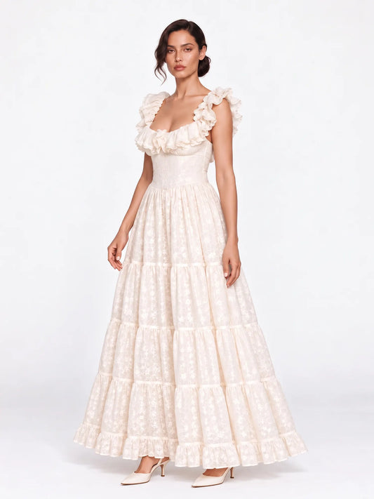 Elise Ruffled Lace-Trim Maxi Dress