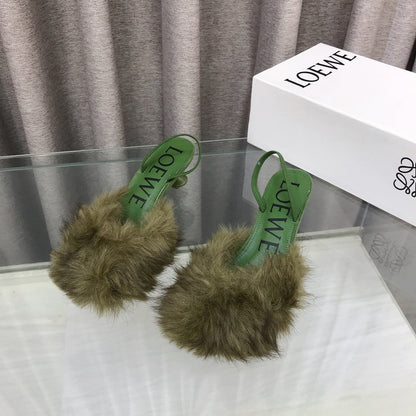 Loewe 25SS Fur-lined Mule 60 Green in Fox Fur 597438