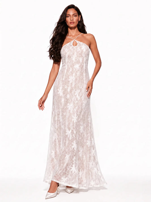 Clara Halter-Neck Lace Slip Maxi Dress