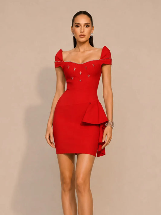 Lila Romantic Contour Short Sleeve Rhinestone Bandage Mini Dress