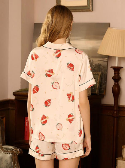 Strawberry Printed Short-Sleeved Ice Silk Pajamas Exploded In Summer Simulation Silk Shorts Ladies Sweet Home Service Two-Piece Suit