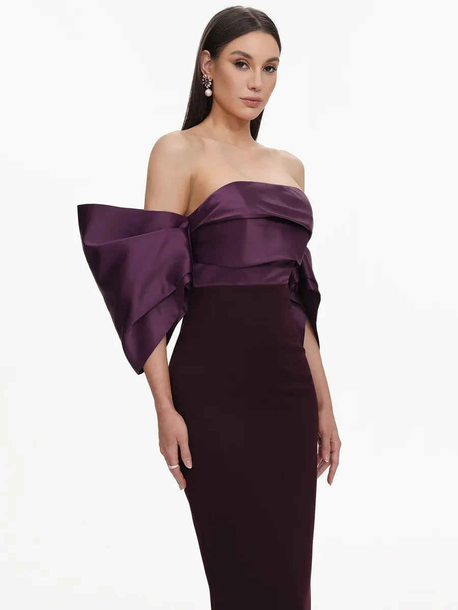 Kira Elegant Tailored Off Shoulder Pleated Satin Maxi Dress