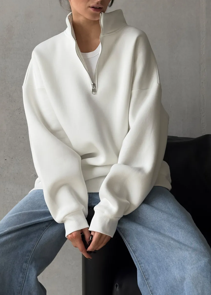 Oversized Cotton Blend Fleece Pullover With Tall Collar