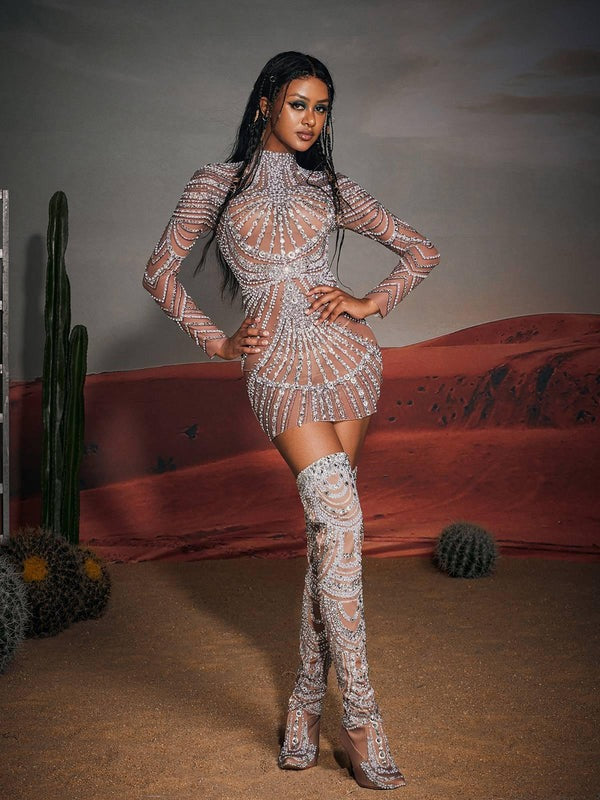 Ruben Long Sleeve Embellished Mesh Mini Dress