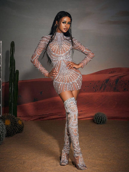 Ruben Long Sleeve Embellished Mesh Mini Dress